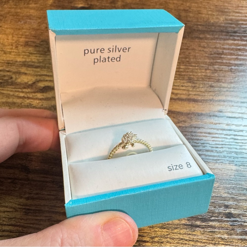 NWT Sterling‎ Silver Plated Rhinestone Pavé Turtle Ring Size 8
